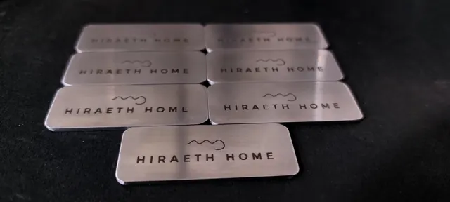 Brushed steel labels engraved Hiraeth Home