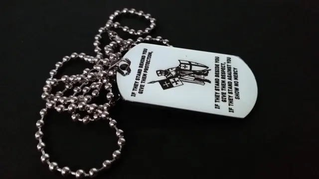 Dog tag with a knight artwork and a protection quote