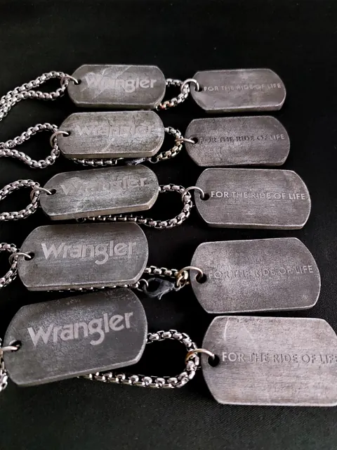 Antique steel Wrangler logo dog tags